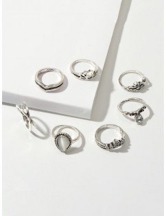Flower Drop Water Crown Ring Set - Silver