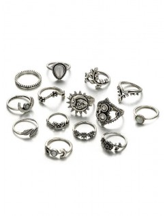 14 Piece Ethnic Moon Star Ring Set - Silver
