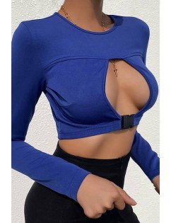 Blue Buckle Cutout Round Neck Long Sleeve Sexy Crop Top