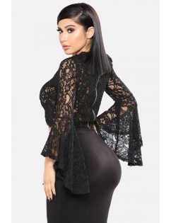 Black Lace Mock Neck Flare Sleeve Sexy Crop Top
