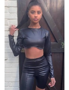 Black Faux Leather Crew Neck Long Sleeve Sexy Crop Top