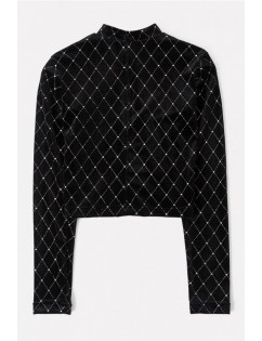 Black Velvet Printed Mock Neck Long Sleeve Basic Crop Top