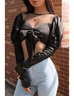 Black Mesh Splicing Knotted Long Sleeve Sexy Crop Top