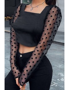 Black Polka Dot Mesh Square Neck Long Sleeve Sexy Crop Top
