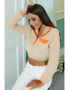 Apricot Contrast Front Pocket Long Sleeve Casual Crop Top