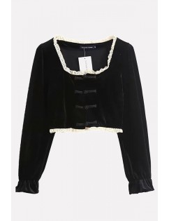 Black Lace Trim Chinese Buckle Square Neck Long Sleeve Casual Crop Top