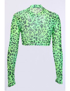 Green Neon Leopard Mesh Mock Neck Sexy Crop Top