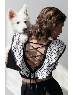 Black Plaid Lace Up Square Neck Long Sleeve Casual Crop Top