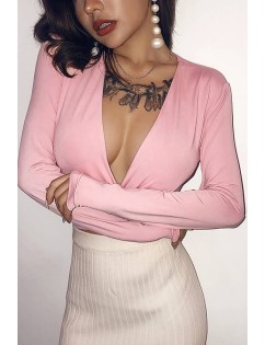 Pink Plunging Long Sleeve Sexy Crop Top