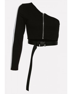 Black Reflective Push Buckle One Shoulder Long Sleeve Casual Crop Top