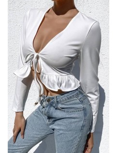 White Tied Ruffles Plunging Long Sleeve Sexy Crop Top