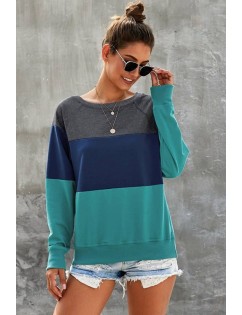 Teal Color Block Round Neck Casual Sweatshirt