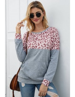 Red Leopard Pocket Round Neck Casual Sweatshirt