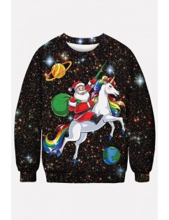 Black Unicorn Santa Claus Print Round Neck Long Sleeve Christmas Sweatshirt
