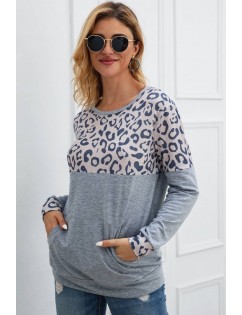 Apricot Leopard Pocket Round Neck Casual Sweatshirt