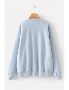 Light-blue Embroidery Bear Letters Round Neck Long Sleeve Casual Sweatshirt