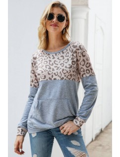 Khaki Leopard Pocket Round Neck Casual Sweatshirt
