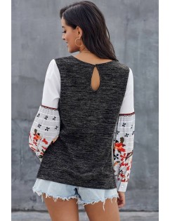 Black Splicing Round Neck Long Sleeve Casual Sweatshirt
