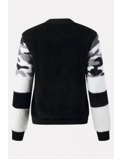 Black Faux Fur Camouflage Zipper Up Pocket Casual Sweatshirt