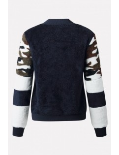 Dark-blue Faux Fur Camouflage Zipper Up Pocket Casual Sweatshirt