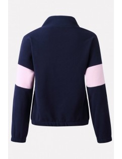 Dark-blue Two Tone Zipper Up Long Sleeve Casual Sweatshirt