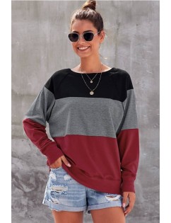 Dark-red Color Block Round Neck Casual Sweatshirt