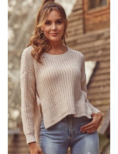 Beige Round Neck Long Sleeve Casual Pullover Sweater