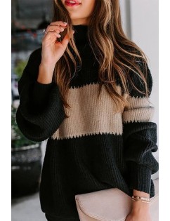 Black Contrast Panel High Neck Long Sleeve Casual Pullover