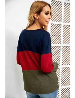 Army-green Color Block Knotted Round Neck Casual Sweater