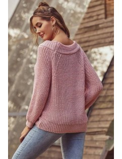 Pink Round Neck Long Sleeve Casual Pullover Sweater