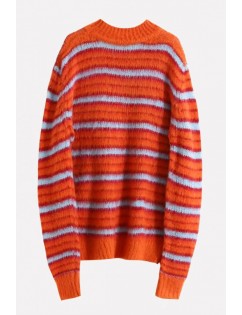 Orange Stripe Round Neck Long Sleeve Chic Pullover