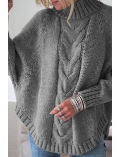 Cable Knit Turtle Neck Bat Sleeve Chic Pullover