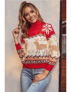 Red Christmas Elk Turtle Neck Casual Sweater