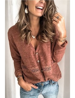 Brown Crochet V Neck Button Up Long Sleeve Chic Cardigan