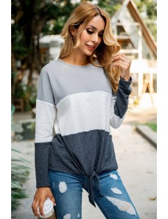 Light-gray Color Block Knotted Round Neck Casual Sweater