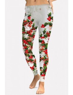 White Graphic Print Elastic Waist Christmas Skinny Leggings