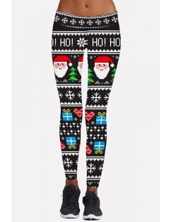 Black Santa Claus Print Elastic Waist Christmas Leggings