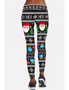 Black Santa Claus Print Elastic Waist Christmas Leggings