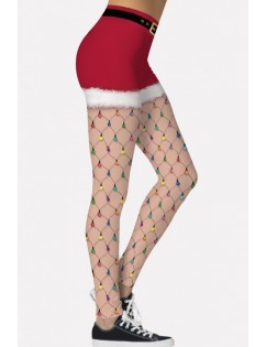 Multi 3d Lights Print Elastic Waist Christmas Skinny Leggings