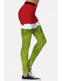 Green The Grinch Print Elastic Waist Christmas Skinny Leggings