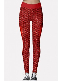 Red Fish Scale Print Elastic Waist Christmas Skinny Leggings
