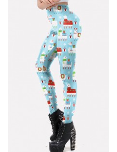 Light-blue Alpaca Print Elastic Waist Christmas Skinny Leggings