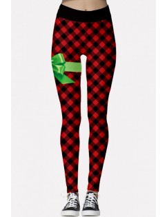 Black-red Plaid Print Elastic Waist Christmas Skinny Leggings