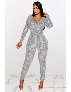 Silver Sequins V Neck Long Sleeve Sexy Jumpsuit