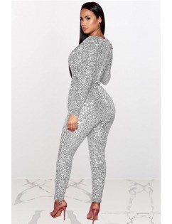 Silver Sequins V Neck Long Sleeve Sexy Jumpsuit