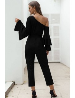 Black Tied One Shoulder Layered Sleeve Casual Jumpsuit