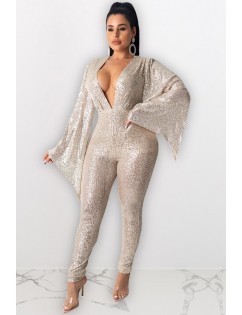 Gold Sequins Plunging Slit Sleeve Sexy Jumpsuit