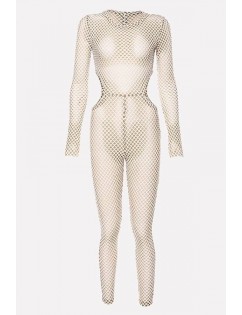 White Cutout Mesh Round Neck Long Sleeve Sexy Jumpsuit