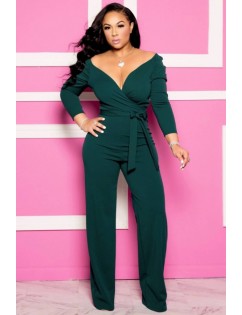 Dark-green Wrap Tied V Neck Long Sleeve Casual Jumpsuit