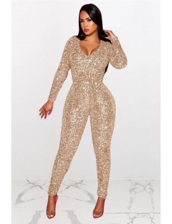 Gold Sequins V Neck Long Sleeve Sexy Jumpsuit